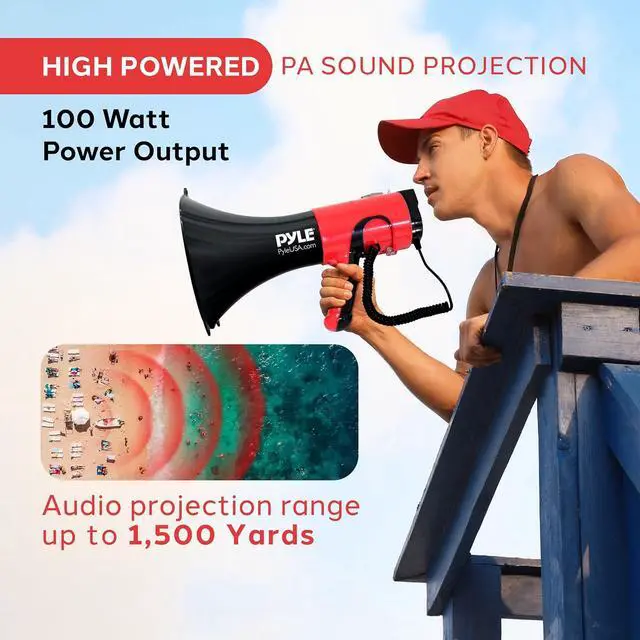 Alt view image 2 of 7 - Pyle Portable Megaphone Bullhorn - Bluetooth Compatible PA Speaker with Built-in Voice Changer, 1500 Yard Range, Siren, 100W Adjustable Vol Control, Loudspeaker for Outdoor Sports & Safety Drills