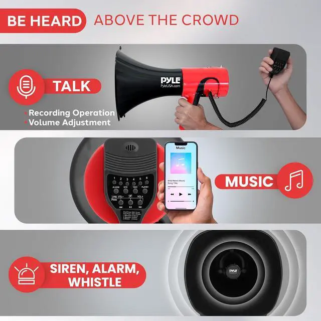 Alt view image 3 of 7 - Pyle Portable Megaphone Bullhorn - Bluetooth Compatible PA Speaker with Built-in Voice Changer, 1500 Yard Range, Siren, 100W Adjustable Vol Control, Loudspeaker for Outdoor Sports & Safety Drills