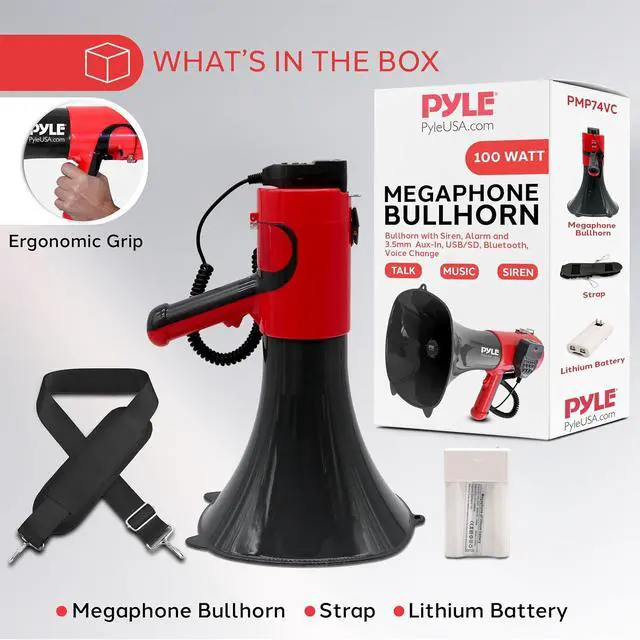 Alt view image 7 of 7 - Pyle Portable Megaphone Bullhorn - Bluetooth Compatible PA Speaker with Built-in Voice Changer, 1500 Yard Range, Siren, 100W Adjustable Vol Control, Loudspeaker for Outdoor Sports & Safety Drills