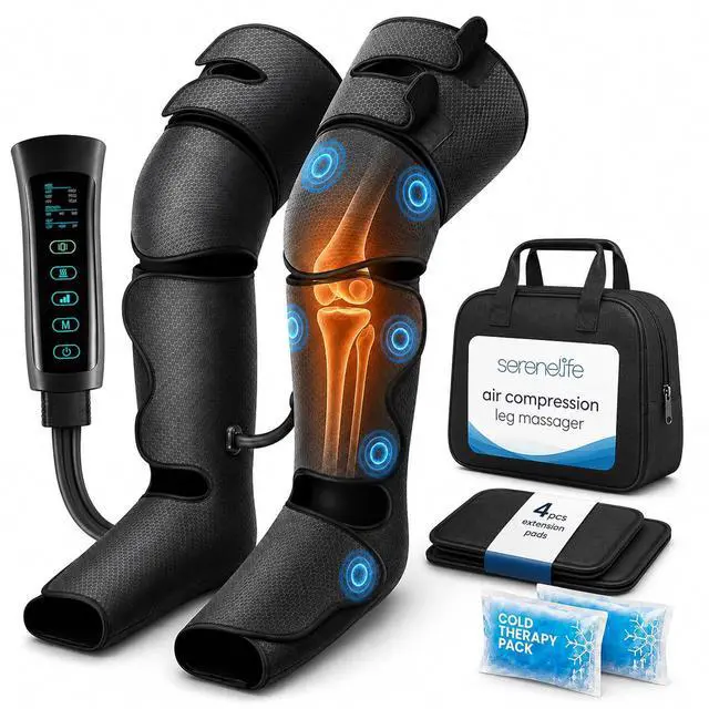 Main image of SereneLife Air Compression Leg Massager, Full Leg Massager with Heat and Compression, Ice Pack, Portable and Adjustable with 6 Modes 3 Vibrations 3 Intensities, 11 Airbags for Thigh Calf Foot Massage