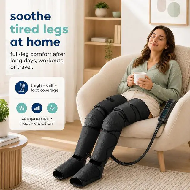 Alt view image 2 of 7 - SereneLife Air Compression Leg Massager, Full Leg Massager with Heat and Compression, Ice Pack, Portable and Adjustable with 6 Modes 3 Vibrations 3 Intensities, 11 Airbags for Thigh Calf Foot Massage