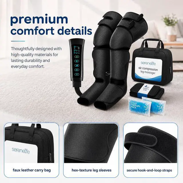 Alt view image 7 of 7 - SereneLife Air Compression Leg Massager, Full Leg Massager with Heat and Compression, Ice Pack, Portable and Adjustable with 6 Modes 3 Vibrations 3 Intensities, 11 Airbags for Thigh Calf Foot Massage