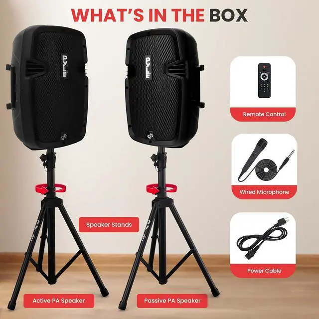 Alt view image 3 of 7 - Pyle Active + Passive PA Systems - Dual 8inch 700 Watt Max Power Output Speaker with Microphone, Bluetooth Wireless Streaming, MP3/USB/SD/AUX Readers, Speaker Stands- Pyle PPHP849KT