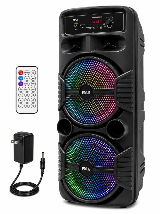 Main image of Portable Bluetooth PA Speaker System - 600W Rechargeable Outdoor Bluetooth Speaker Portable PA System w/Dual 8 Subwoofer 1 Tweeter, Microphone in, Party Lights, USB, Radio, Remote - Pyle PPHP2835B