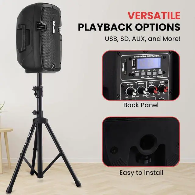 Alt view image 5 of 7 - Pyle Active + Passive PA Systems - Dual 8inch 700 Watt Max Power Output Speaker with Microphone, Bluetooth Wireless Streaming, MP3/USB/SD/AUX Readers, Speaker Stands- Pyle PPHP849KT