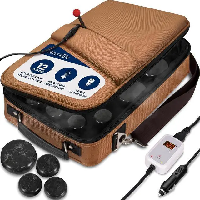 Main image of SereneLife Portable Massage Stone Warmer Set - Electric Spa Hot Stones Massager and Heater Kit with 6 Large and 6 Small Round Shaped Basalt Massaging Rocks, Digital Controller Heating Bag
