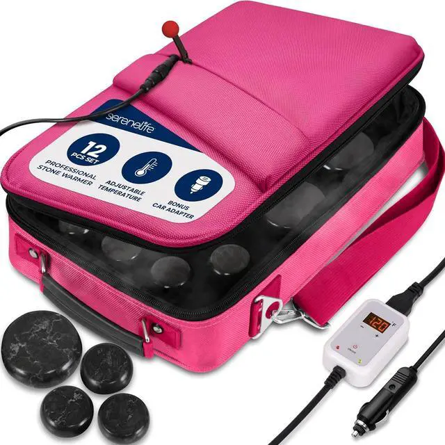 Main image of SereneLife Portable Massage Stone Warmer Set - Electric Spa Hot Stones Massager and Heater Kit with 6 Large and 6 Small Round Shaped Basalt Massaging Rocks, Digital Controller Heating Bag, Pink