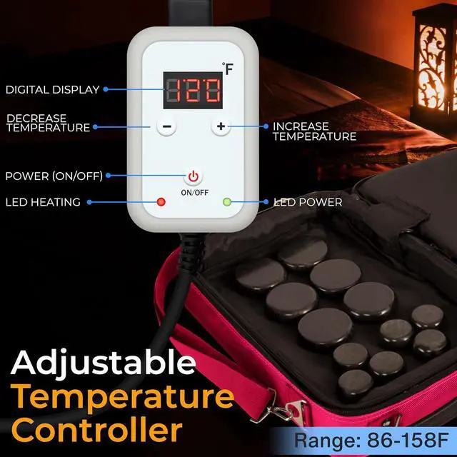 Alt view image 2 of 6 - SereneLife Portable Massage Stone Warmer Set - Electric Spa Hot Stones Massager and Heater Kit with 6 Large and 6 Small Round Shaped Basalt Massaging Rocks, Digital Controller Heating Bag, Pink