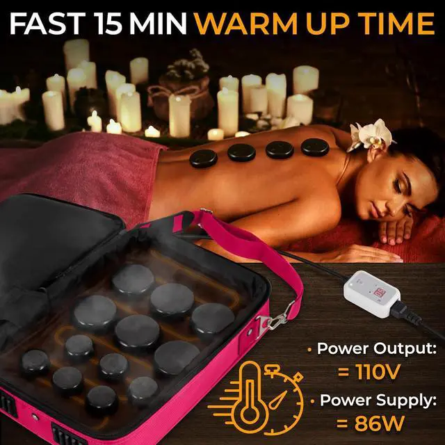 Alt view image 3 of 6 - SereneLife Portable Massage Stone Warmer Set - Electric Spa Hot Stones Massager and Heater Kit with 6 Large and 6 Small Round Shaped Basalt Massaging Rocks, Digital Controller Heating Bag, Pink