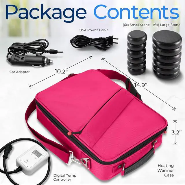 Alt view image 6 of 6 - SereneLife Portable Massage Stone Warmer Set - Electric Spa Hot Stones Massager and Heater Kit with 6 Large and 6 Small Round Shaped Basalt Massaging Rocks, Digital Controller Heating Bag, Pink