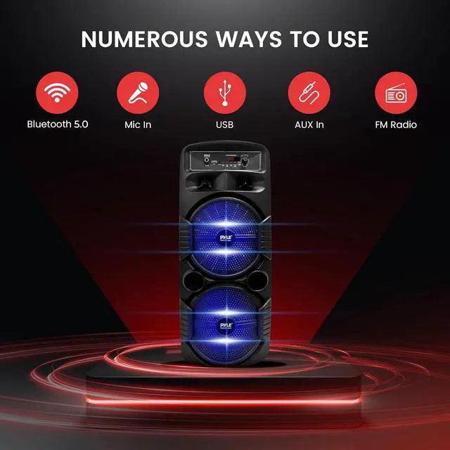Alt view image 3 of 7 - Pyle Portable Bluetooth PA Speaker System - 600W Rechargeable Outdoor Bluetooth Speaker Portable PA System w/ Dual 8 Subwoofer 1 Tweeter, Microphone In, Party Lights, USB, Radio, Remote - PPHP2835B