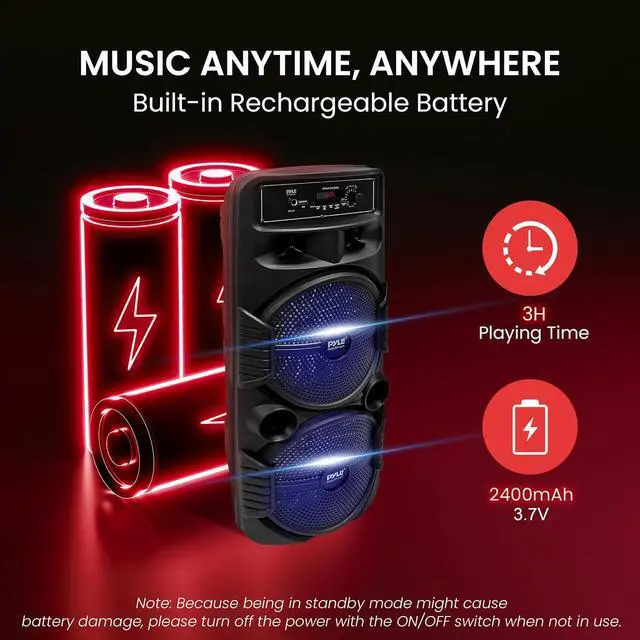 Alt view image 5 of 7 - Pyle Portable Bluetooth PA Speaker System - 600W Rechargeable Outdoor Bluetooth Speaker Portable PA System w/ Dual 8 Subwoofer 1 Tweeter, Microphone In, Party Lights, USB, Radio, Remote - PPHP2835B