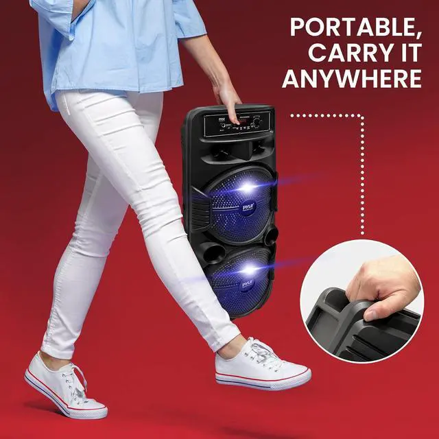 Alt view image 6 of 7 - Pyle Portable Bluetooth PA Speaker System - 600W Rechargeable Outdoor Bluetooth Speaker Portable PA System w/ Dual 8 Subwoofer 1 Tweeter, Microphone In, Party Lights, USB, Radio, Remote - PPHP2835B