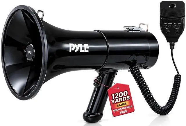 Main image of Pyle 100-Watt Rechargeable Megaphone Bullhorn, Lightweight & Portable Loudspeaker with Aux (3.5mm) Input for MP3/Music, MIC/Talk, Automatic Siren & Whistle, 1200 Sq Yards Range, Black