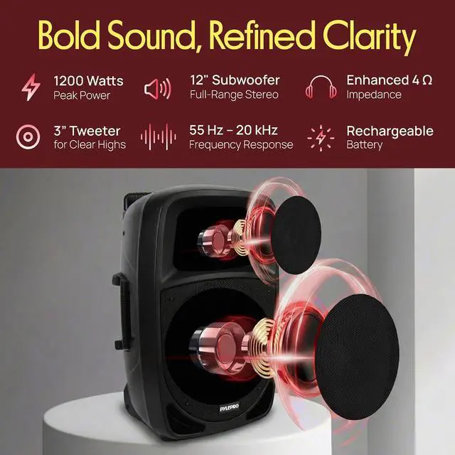 Alt view image 2 of 7 - 1200W Portable Bluetooth PA Speaker - 12 Subwoofer, LED Battery Indicator Lights w/Built-in Rechargeable Battery, MP3/USB/SD Card Reader, and UHF Wireless Microphone - Pyle PSBT125A