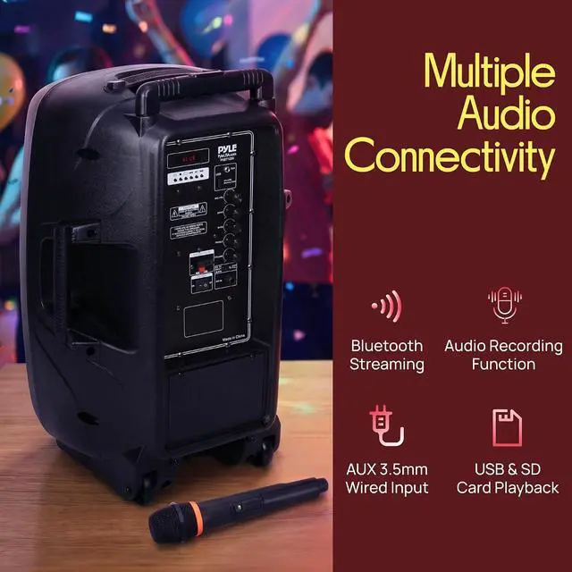 Alt view image 5 of 7 - 1200W Portable Bluetooth PA Speaker - 12 Subwoofer, LED Battery Indicator Lights w/Built-in Rechargeable Battery, MP3/USB/SD Card Reader, and UHF Wireless Microphone - Pyle PSBT125A