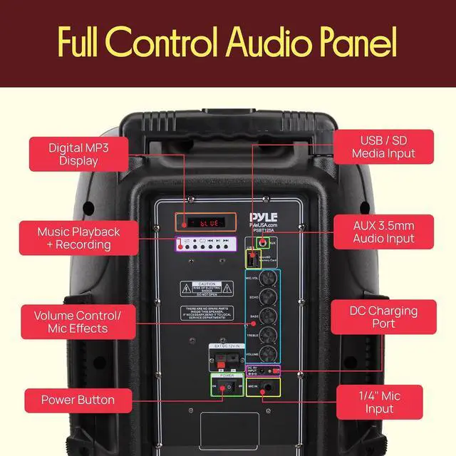 Alt view image 7 of 7 - 1200W Portable Bluetooth PA Speaker - 12 Subwoofer, LED Battery Indicator Lights w/Built-in Rechargeable Battery, MP3/USB/SD Card Reader, and UHF Wireless Microphone - Pyle PSBT125A