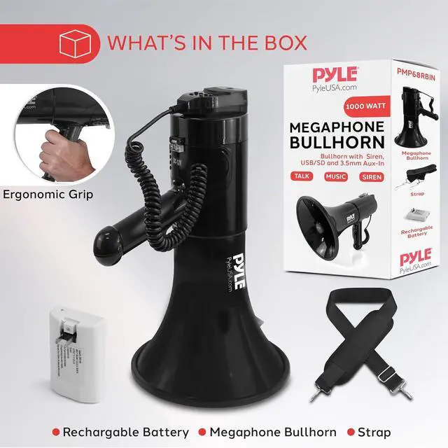 Alt view image 7 of 7 - Pyle 100-Watt Rechargeable Megaphone Bullhorn, Lightweight & Portable Loudspeaker with Aux (3.5mm) Input for MP3/Music, MIC/Talk, Automatic Siren & Whistle, 1200 Sq Yards Range, Black