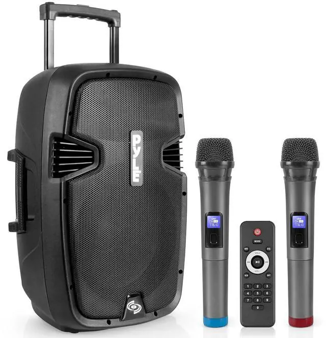 Main image of Pyle Portable Bluetooth PA Speaker System - 1000W Wireless Karaoke Loudspeaker with 12 Subwoofer, USB/SD/MP3/FM - Includes Dual UHF Mics, Remote, Rolling Wheels - Ideal for Parties, Events, Outdoors