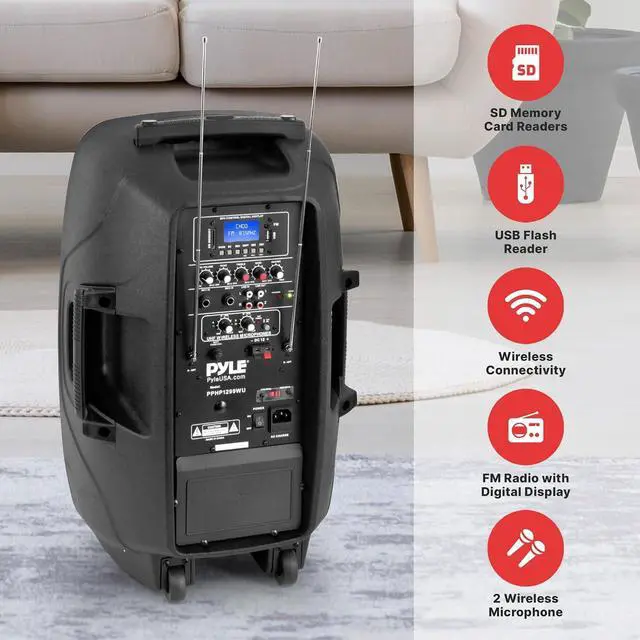 Alt view image 3 of 7 - Pyle Portable Bluetooth PA Speaker System - 1000W Wireless Karaoke Loudspeaker with 12 Subwoofer, USB/SD/MP3/FM - Includes Dual UHF Mics, Remote, Rolling Wheels - Ideal for Parties, Events, Outdoors