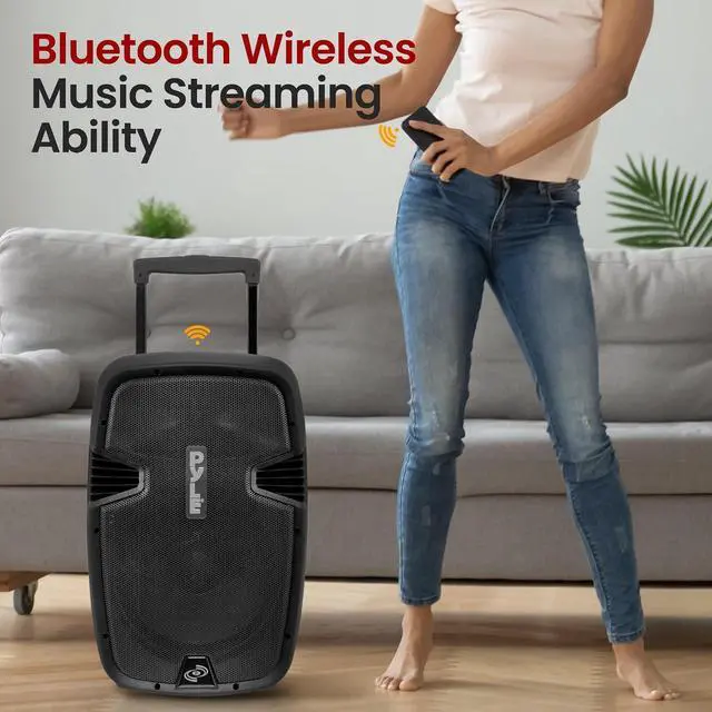 Alt view image 5 of 7 - Pyle Portable Bluetooth PA Speaker System - 1000W Wireless Karaoke Loudspeaker with 12 Subwoofer, USB/SD/MP3/FM - Includes Dual UHF Mics, Remote, Rolling Wheels - Ideal for Parties, Events, Outdoors