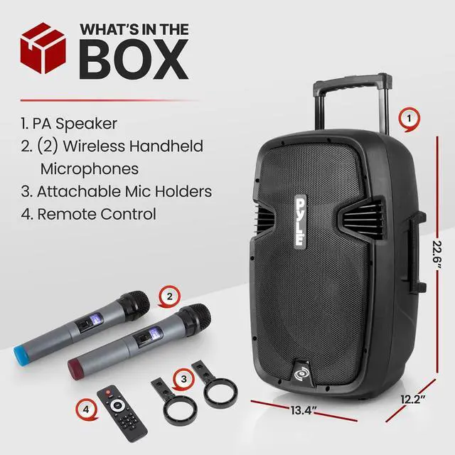 Alt view image 2 of 7 - Pyle Portable Bluetooth PA Speaker System - 1000W Wireless Karaoke Loudspeaker with 12 Subwoofer, USB/SD/MP3/FM - Includes Dual UHF Mics, Remote, Rolling Wheels - Ideal for Parties, Events, Outdoors