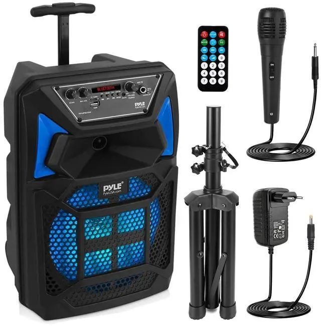 Main image of Pyle Portable Bluetooth PA Speaker System - 400W Outdoor Bluetooth Speaker Portable PA System w/Microphone in, Party Lights, MP3/USB SD Card Reader, FM Radio, Rolling Wheels - Mic, Remote - PPHP82SM