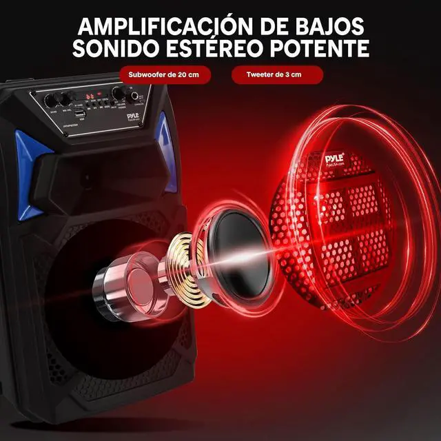 Alt view image 2 of 7 - Pyle Portable Bluetooth PA Speaker System - 400W Outdoor Bluetooth Speaker Portable PA System w/Microphone in, Party Lights, MP3/USB SD Card Reader, FM Radio, Rolling Wheels - Mic, Remote - PPHP82SM