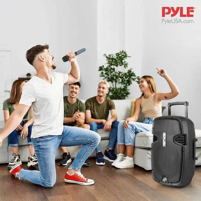 Alt view image 7 of 7 - Pyle Portable Bluetooth PA Speaker System - 1000W Wireless Karaoke Loudspeaker with 12 Subwoofer, USB/SD/MP3/FM - Includes Dual UHF Mics, Remote, Rolling Wheels - Ideal for Parties, Events, Outdoors