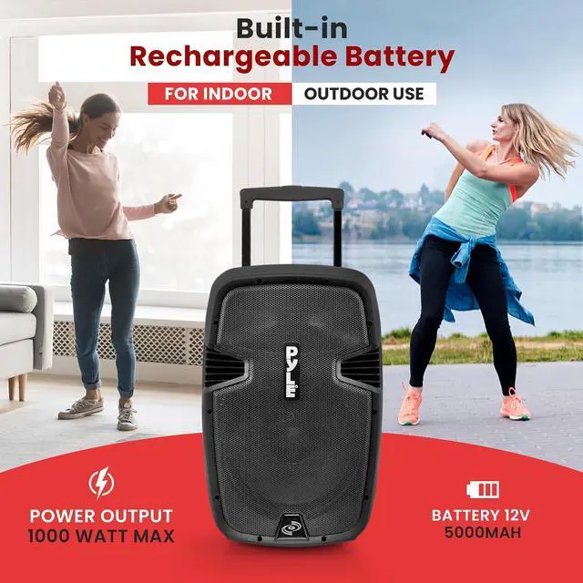 Alt view image 6 of 7 - Pyle Portable Bluetooth PA Speaker System - 1000W Wireless Karaoke Loudspeaker with 12 Subwoofer, USB/SD/MP3/FM - Includes Dual UHF Mics, Remote, Rolling Wheels - Ideal for Parties, Events, Outdoors