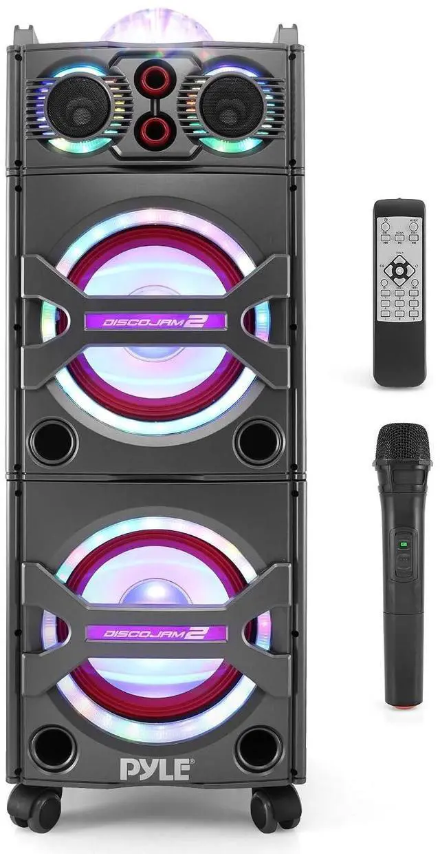 Main image of Portable Bluetooth PA Speaker System - 2000W Active Powered Outdoor Bluetooth Speaker Portable PA System w/Microphone in, Party Lights, USB SD Card Reader, AUX/RCA/FM Radio, Wheels - Pyle PSUFM1043BT