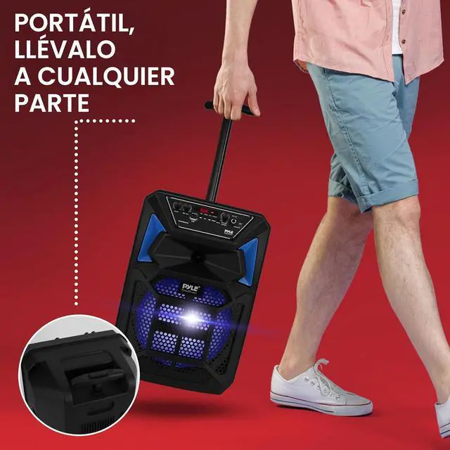 Alt view image 6 of 7 - Pyle Portable Bluetooth PA Speaker System - 400W Outdoor Bluetooth Speaker Portable PA System w/Microphone in, Party Lights, MP3/USB SD Card Reader, FM Radio, Rolling Wheels - Mic, Remote - PPHP82SM