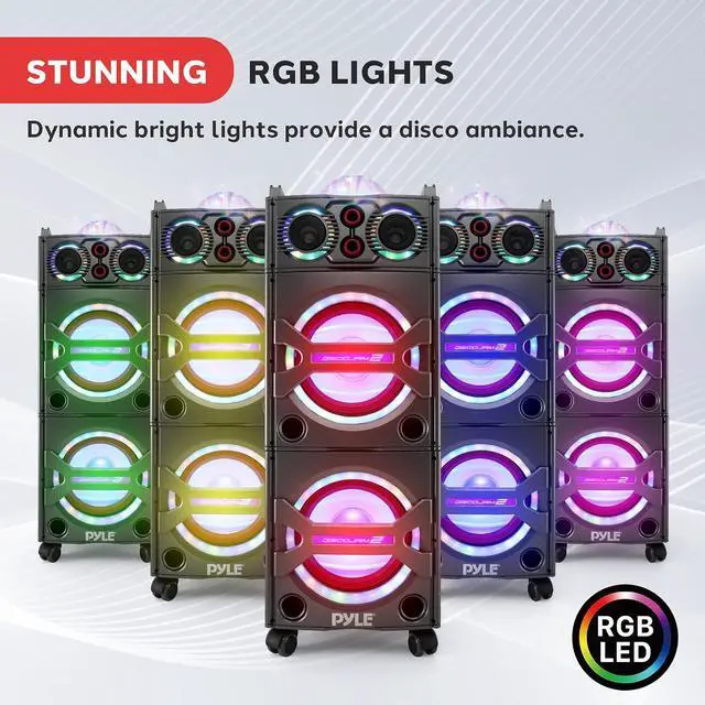 Alt view image 3 of 7 - Portable Bluetooth PA Speaker System - 2000W Active Powered Outdoor Bluetooth Speaker Portable PA System w/Microphone in, Party Lights, USB SD Card Reader, AUX/RCA/FM Radio, Wheels - Pyle PSUFM1043BT