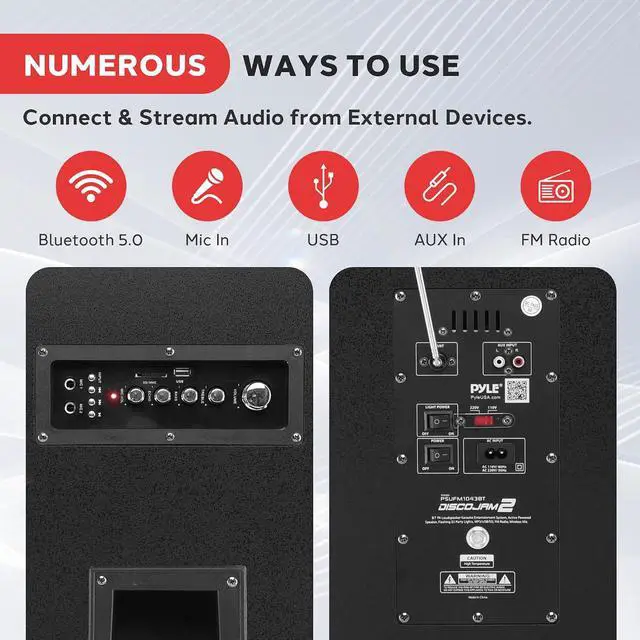 Alt view image 4 of 7 - Portable Bluetooth PA Speaker System - 2000W Active Powered Outdoor Bluetooth Speaker Portable PA System w/Microphone in, Party Lights, USB SD Card Reader, AUX/RCA/FM Radio, Wheels - Pyle PSUFM1043BT