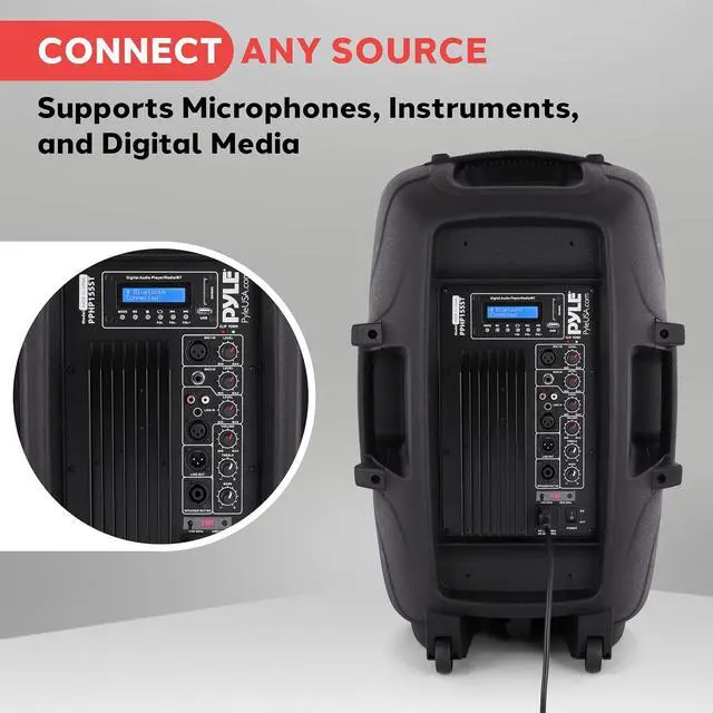 Alt view image 3 of 7 - Pyle PPHP155ST Wireless Portable PA Speaker System - 1500W High Powered Bluetooth Compatible Active Outdoor Sound Speakers w/ USB SD MP3 RCA - 35mm Mount, Stand, Microphone, Power Cable, Black, 15"