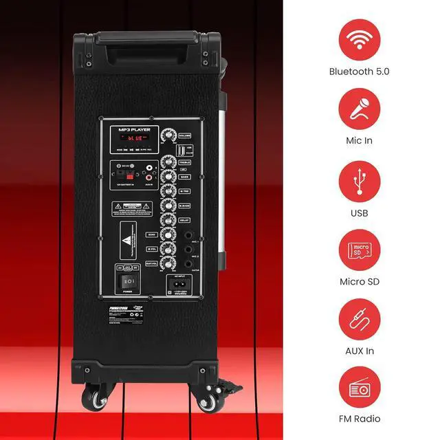 Alt view image 3 of 7 - Pyle 12'' Portable Wireless Bluetooth Speaker System - Built-in Rechargeable Battery, Wireless Microphone, USB/Micro SD/FM - 80 Watt - FM Radio with Digital LED Display, PWMA1299A
