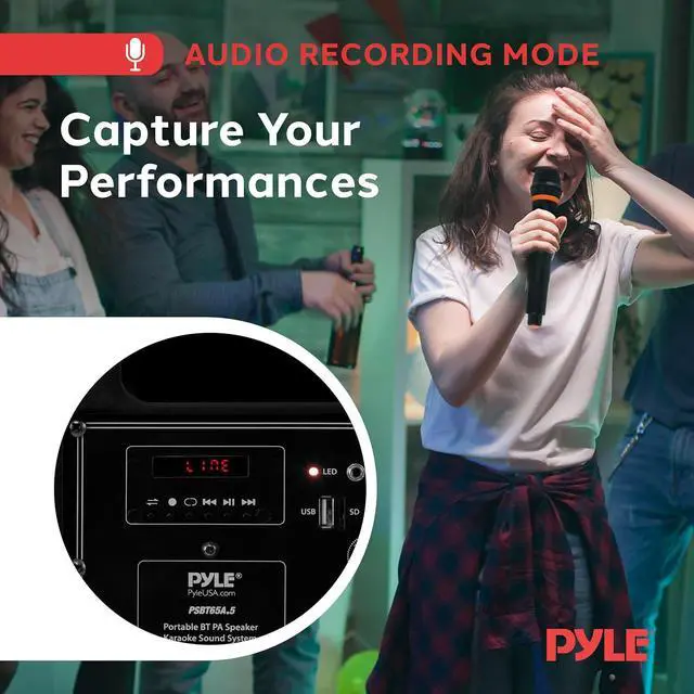Alt view image 5 of 7 - Pyle Bluetooth Karaoke PA Speaker - Indoor / Outdoor Portable Sound System with Wireless Mic, Audio Recording, Rechargeable Battery, USB / SD Reader, Stand Mount - for Party, Control - PSBT65A Black