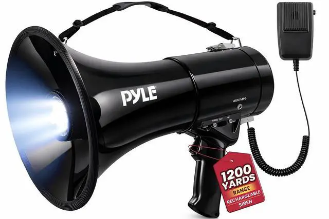 Main image of Pyle Portable Compact PA Megaphone Speaker with Alarm Siren & Adjustable Volume - 50W Handheld Lightweight Bullhorn - with Mic, AUX IN for MP3, 1200 Yards Range, Rechargeable Battery
