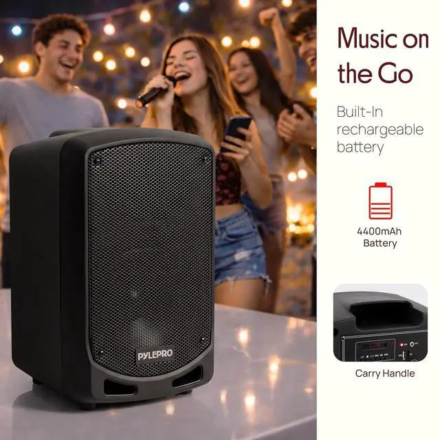 Alt view image 6 of 7 - Pyle Portable Bluetooth PA Speaker System - Indoor Outdoor Karaoke Sound System w/Wireless Mic, Audio Recording, Rechargeable Battery, USB/SD Reader, Stand Mount, for Party, Crowd Control - Pyle