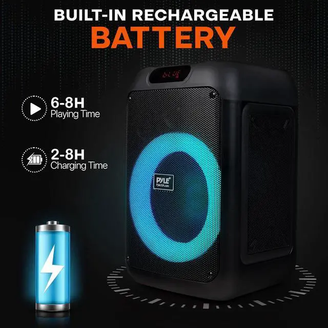 Alt view image 2 of 7 - Pyle 100W Bluetooth Karaoke PA Speaker with 8 Inch Woofer, Echo Bass and Treble Control, USB SD Card FM Radio, Mic Input, LED Lights for Home Events and DJ Use