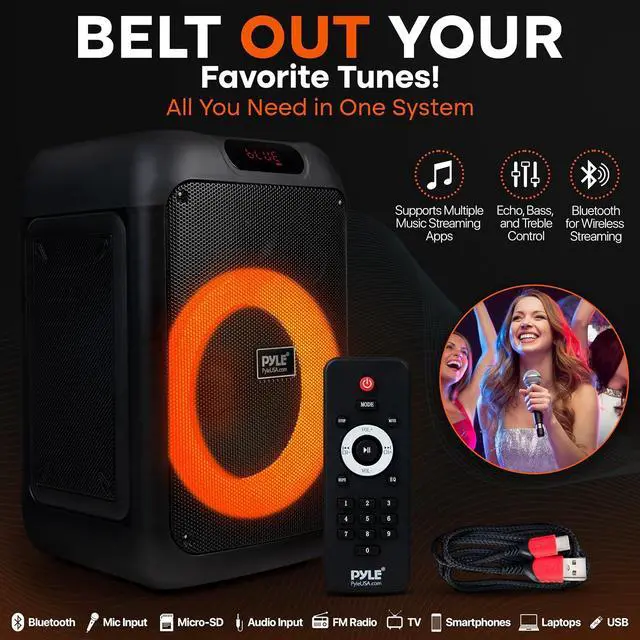 Alt view image 3 of 7 - Pyle 100W Bluetooth Karaoke PA Speaker with 8 Inch Woofer, Echo Bass and Treble Control, USB SD Card FM Radio, Mic Input, LED Lights for Home Events and DJ Use