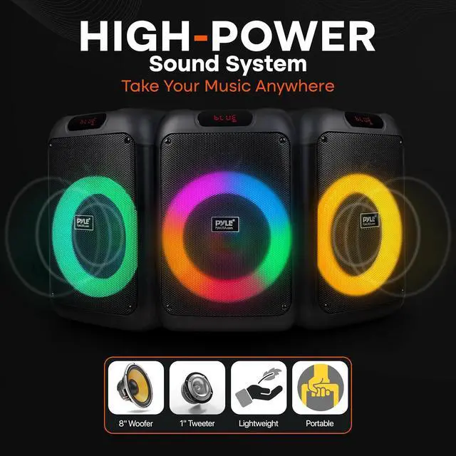 Alt view image 4 of 7 - Pyle 100W Bluetooth Karaoke PA Speaker with 8 Inch Woofer, Echo Bass and Treble Control, USB SD Card FM Radio, Mic Input, LED Lights for Home Events and DJ Use