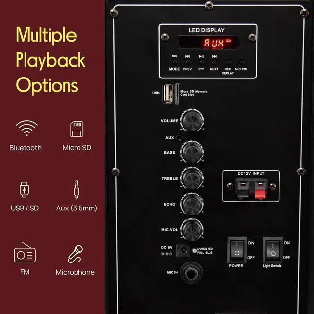Alt view image 3 of 7 - Pyle Wireless Portable PA Speaker System - 800W Powered Bluetooth Indoor & Outdoor DJ Stereo Loudspeaker with MP3 AUX 3.5mm Input, Flashing Party Light & FM Radio-PPHP1244B,Black