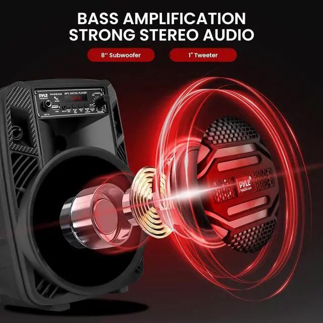 Alt view image 2 of 7 - Pyle Portable Bluetooth PA Speaker System - 300W Rechargeable Outdoor Bluetooth Speaker Portable PA System w/ 8 Subwoofer 1 Tweeter, Microphone In, Party Lights, MP3/USB, Radio, Remote -PPHP835B