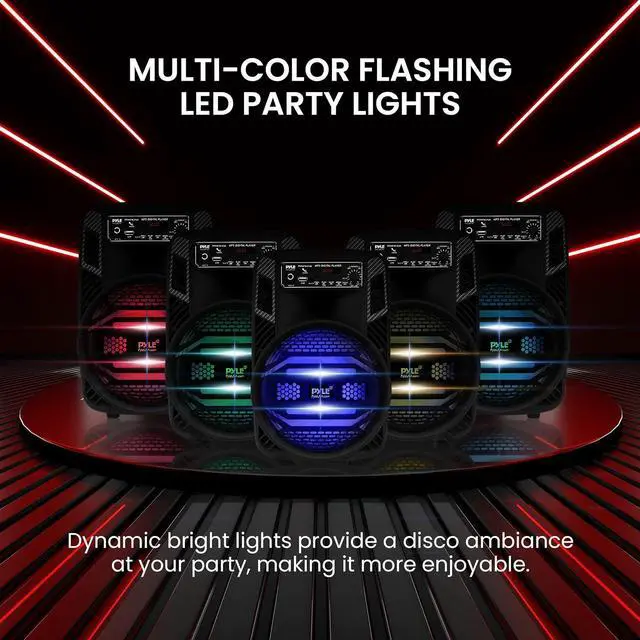 Alt view image 4 of 7 - Pyle Portable Bluetooth PA Speaker System - 300W Rechargeable Outdoor Bluetooth Speaker Portable PA System w/ 8 Subwoofer 1 Tweeter, Microphone In, Party Lights, MP3/USB, Radio, Remote -PPHP835B