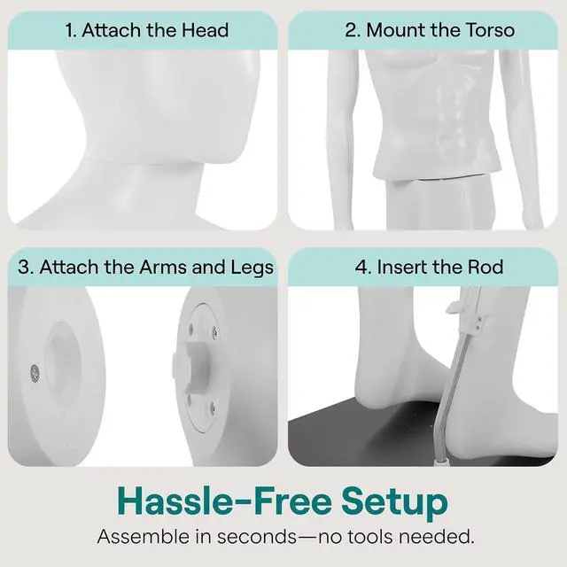 Alt view image 5 of 7 - SereneLife 74" Male Mannequin Full Body Dress Form with Detachable Head, Hands and Legs, Adjustable Stand, 360 Degree Rotating Head, Tool Free Assembly for Clothing Display, Retail and Studio
