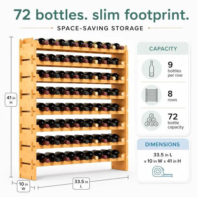 Alt view image 3 of 6 - NutriChef 72 Bottle Wine Rack Stackable Bamboo Freestanding, 8-Tier Modular Shelf, Sturdy Wobble Free, Upgraded 2026 Design, Easy No-Tool Assembly for Kitchen, Cellar or Bar Storage 33.5" x 10" x 41"
