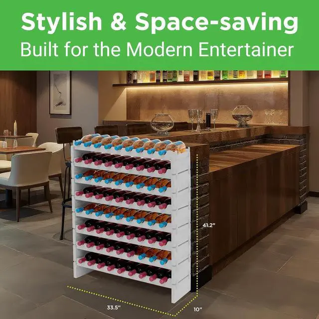 Alt view image 2 of 6 - NutriChef 72 Bottle Wine Rack Stackable Bamboo Freestanding, 8-Tier Modular Shelf, Sturdy Wobble Free, Upgraded 2026 Design, Easy No-Tool Assembly for Kitchen, Cellar or Bar 33.5" x 10" x 41" (White)