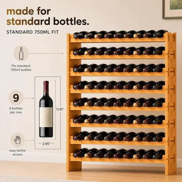 Alt view image 5 of 6 - NutriChef 72 Bottle Wine Rack Stackable Bamboo Freestanding, 8-Tier Modular Shelf, Sturdy Wobble Free, Upgraded 2026 Design, Easy No-Tool Assembly for Kitchen, Cellar or Bar Storage 33.5" x 10" x 41"