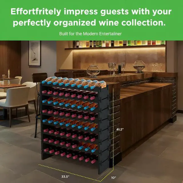 Alt view image 2 of 6 - NutriChef 72 Bottle Wine Rack Stackable Bamboo Freestanding, 8-Tier Modular Shelf, Sturdy Wobble Free, Upgraded 2026 Design, Easy No-Tool Assembly for Kitchen, Cellar or Bar 33.5" x 10" x 41" (Black)